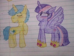 Size: 640x480 | Tagged: safe, artist:imtailsthefoxfan, imported from derpibooru, comet tail, twilight sparkle, twilight sparkle (alicorn), alicorn, pony, blushing, cometlight, eyes closed, female, grin, male, mare, shipping, smiling, spread wings, straight, traditional art