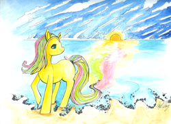Size: 1024x743 | Tagged: safe, artist:divinisity, imported from derpibooru, tootie tails, beach, female, g1, solo, traditional art, tropical ponies