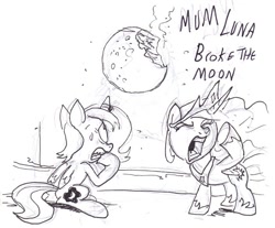 Size: 659x545 | Tagged: safe, artist:jowyb, artist:jowybean, imported from derpibooru, princess celestia, princess luna, alicorn, pony, butt, cewestia, cute, filly, monochrome, moon, plot, woona, younger