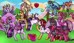 Size: 1280x738 | Tagged: safe, artist:yuurimoonstar, imported from derpibooru, apple bloom, applejack, cheerilee, derpy hooves, fluttershy, pinkie pie, rainbow dash, rarity, scootaloo, spike, sweetie belle, twilight sparkle, oc, alicorn, pony, alicorn oc, mane seven, mane six