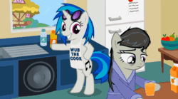 Size: 852x475 | Tagged: safe, artist:alligator tub productions, artist:nomorethan9, imported from derpibooru, dj pon-3, octavia melody, vinyl scratch, earth pony, pony, unicorn, epic wub time, animated, background pony, bipedal, dishwasher, dubstep dishwasher, female, gif, juice, mare, orange juice, up to eleven, wub, wub the cook