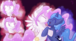 Size: 1024x562 | Tagged: safe, artist:rastaquouere69, imported from derpibooru, princess celestia, princess luna, alicorn, cewestia, female, filly, pink-mane celestia, s1 luna, siblings, sisters, smiling, woona
