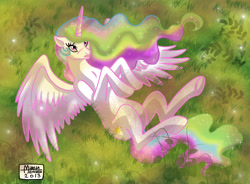 Size: 3444x2532 | Tagged: safe, artist:runningwolf-mirari, imported from derpibooru, princess celestia, blushing, female, on back, solo