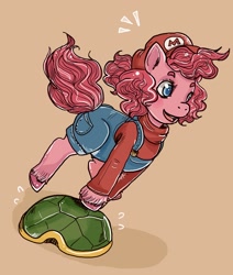 Size: 2640x3112 | Tagged: safe, artist:superlucky13, imported from derpibooru, pinkie pie, earth pony, pony, colored pupils, female, mare, mario, mario pie, nintendo, overalls, parody, simple background, solo, super mario bros., turtle shell, unshorn fetlocks