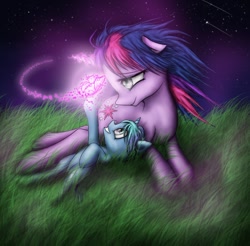 Size: 770x757 | Tagged: safe, artist:alcor, imported from derpibooru, twilight sparkle, oc, butterfly, pony, unicorn, magic, magical lesbian spawn, mama twilight, offspring, parent:trixie, parent:twilight sparkle, parents:twixie, shipping, unicorn twilight