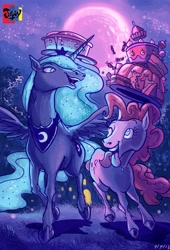 Size: 3382x4961 | Tagged: safe, artist:jowyb, artist:jowybean, imported from derpibooru, pinkie pie, princess luna, alicorn, earth pony, pony, cake, cutie mark, duo, female, food, happy, hoers, horn, jewelry, looking at each other, moon, night, one eye closed, realistic, regalia, stars, tongue out, wings, wink