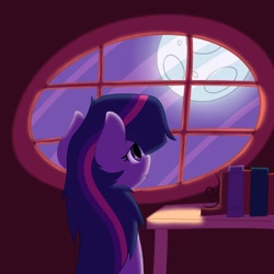 Size: 894x894 | Tagged: dead source, safe, artist:theebonyheart, imported from derpibooru, twilight sparkle, female, moon, moonlight, night, solo, window