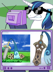 Size: 346x465 | Tagged: safe, imported from derpibooru, shining armor, honedge, exploitable meme, lip bite, meme, obligatory pony, pokémon, pokémon x and y, sunglasses, sword, tv meme