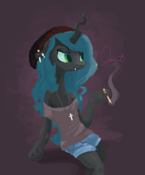 Size: 1518x1830 | Tagged: safe, alternate version, artist:twitchykismet, imported from derpibooru, queen chrysalis, changeling, changeling queen, cigarette, clothes, cross, female, hat, hipster, necklace, piercing, smoke, smoking, solo