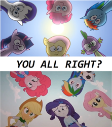 Size: 500x566 | Tagged: safe, artist:hotdiggedydemon, edit, edited screencap, imported from derpibooru, screencap, applejack, fluttershy, pinkie pie, rainbow dash, rarity, spike, twilight sparkle, .mov, apple.mov, equestria girls, equestria girls (movie), comparison, football, huddle shot, humane five, pony.mov, sun