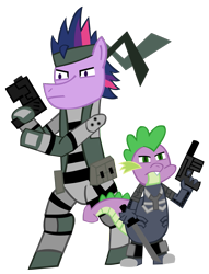 Size: 1081x1417 | Tagged: safe, artist:jewelsfriend, imported from derpibooru, spike, twilight sparkle, pony, bandana, bipedal, crossover, gun, konami, metal gear, no trigger discipline, raiden, simple background, sneaking suit, solid snake, solid sparkle, sword, transparent background