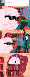 Size: 649x1624 | Tagged: safe, artist:mixermike622, imported from derpibooru, queen chrysalis, oc, oc:fluffle puff, changeling, changeling queen, tumblr:ask fluffle puff, blushing, bugbutt, butt, comic, dat ass, dat butt, female, gangnam style, golden oaks library, plot, psy, sunglasses, tumblr