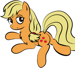 Size: 719x651 | Tagged: safe, artist:willowtails, imported from derpibooru, applejack, chest fluff, female, looking back, prone, simple background, solo