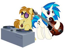 Size: 4812x3558 | Tagged: safe, artist:willowtails, imported from derpibooru, dj pon-3, vinyl scratch, oc, oc:mandopony, mandolin, mandopony, musical instrument, sunglasses