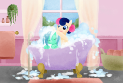 Size: 800x540 | Tagged: safe, artist:cherrypaintpony, imported from derpibooru, bon bon, lyra heartstrings, sweetie drops, earth pony, pony, unicorn, adorabon, bath, bathtub, bipedal, bubble, bubble bath, claw foot bathtub, cute, duo, eyes closed, female, happy, leaning, lesbian, lyrabetes, lyrabon, mare, mutual bathing, open mouth, pampering, relaxed, relaxing, shipping, smiling, soap, washing, water, wet mane