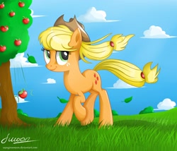 Size: 3000x2571 | Tagged: safe, artist:vird-gi, imported from derpibooru, applejack, apple, female, grass, solo, tree, windswept mane