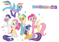 Size: 700x495 | Tagged: dead source, safe, artist:yousukou, imported from derpibooru, applejack, fluttershy, pinkie pie, rainbow dash, rarity, twilight sparkle, earth pony, pegasus, pony, unicorn, accessory swap, clothes, costume, hoodie, kigurumi, mane six