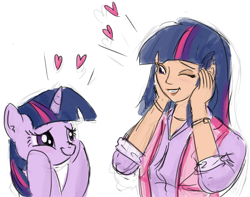 Size: 1222x964 | Tagged: safe, artist:king-kakapo, imported from derpibooru, twilight sparkle, human, pony, ambiguous race, floating heart, hands on cheeks, heart, hooves on cheeks, human ponidox, humanized, sketch, smiling