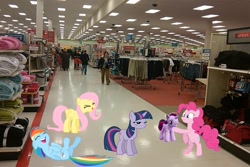 Size: 1440x960 | Tagged: safe, artist:dontae98, imported from derpibooru, fluttershy, pinkie pie, rainbow dash, twilight sparkle, human, unicorn, build-a-bear, floppy ears, irl, lying down, on back, photo, plushie, ponies in real life, shelf, shopping, store, target (store), twilight sparkle is not amused, unamused, unicorn twilight, vector, yay