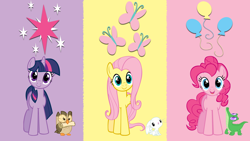 Size: 1920x1080 | Tagged: safe, artist:gustaviaable, imported from derpibooru, angel bunny, fluttershy, gummy, owlowiscious, pinkie pie, twilight sparkle, cutie mark, vector, wallpaper