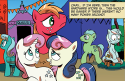 Size: 673x436 | Tagged: safe, idw, imported from derpibooru, big macintosh, bon bon, lyra heartstrings, sweetie drops, twinkleshine, earth pony, pony, spoiler:comic, spoiler:comic09, lip bite, male, stallion, whistling