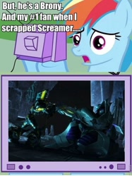 Size: 600x804 | Tagged: safe, imported from derpibooru, rainbow dash, beast hunters, brony megatron, bumblebee, bumblebee (transformers), death, exploitable meme, megatron, meme, obligatory pony, transformers, transformers prime, tv meme