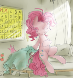 Size: 1600x1700 | Tagged: safe, artist:ashesdarkpony, imported from derpibooru, pinkie pie, bed, bed mane, calendar, curtains, cutie mark, female, morning ponies, solo, traditional art, waking up