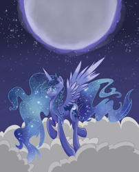 Size: 1100x1359 | Tagged: safe, artist:nalenthi, imported from derpibooru, princess luna, cloud, cloudy, female, moon, night, solo