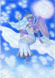 Size: 1456x2074 | Tagged: safe, artist:sinaherib, imported from derpibooru, princess luna, anthro, clothes, cloud, cloudy, dress, female, looking at you, moon, sitting, smiling, solo, spread wings, traditional art