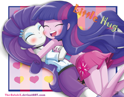 Size: 1732x1368 | Tagged: safe, artist:the-butch-x, imported from derpibooru, rarity, twilight sparkle, equestria girls, blushing, clothes, duo, eyes closed, female, hug, implied rarilight, implied shipping, lesbian, midriff, rarilight, shipping, shorts, skirt