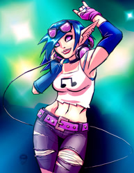 Size: 600x777 | Tagged: safe, artist:eryckwebbgraphics, imported from derpibooru, dj pon-3, vinyl scratch, human, devil horn (gesture), elf ears, female, humanized, solo