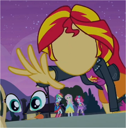 Size: 363x369 | Tagged: safe, edit, edited screencap, imported from derpibooru, screencap, fluttershy, pinkie pie, rainbow dash, sunset shimmer, equestria girls, equestria girls (movie), cropped, face, no face, solo focus, sunset shimmer reaching for things, wat