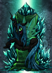 Size: 600x849 | Tagged: safe, artist:raenyras, imported from derpibooru, queen chrysalis, changeling, changeling queen, crown, female, jewelry, regalia, solo, throne