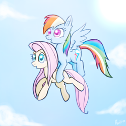 Size: 512x512 | Tagged: safe, artist:flarities, imported from derpibooru, fluttershy, rainbow dash, carrying, cloud, cloudy, flying, sky