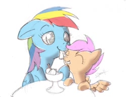 Size: 800x618 | Tagged: safe, artist:shoroch, imported from derpibooru, rainbow dash, scootaloo, food, ice cream, licking, scootadash, scootalove, shipping, tongue out