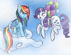 Size: 900x700 | Tagged: safe, artist:darkvioletcloud, imported from derpibooru, rainbow dash, rarity, balloon, cloud, cloudy, female, lesbian, raridash, shipping