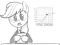 Size: 604x451 | Tagged: safe, artist:tex, edit, imported from derpibooru, applejack, clothes, female, history, inverted mouth, law, monochrome, news, news anchor, politics, russian, solo, suit, translated in the comments