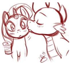 Size: 1081x957 | Tagged: safe, artist:pia-sama, imported from derpibooru, rarity, spike, dragon, pony, unicorn, cheek kiss, duo, eyes closed, female, kissing, male, monochrome, older, shipping, sketch, sparity, straight