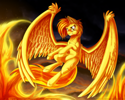 Size: 900x720 | Tagged: safe, artist:inuhoshi-to-darkpen, imported from derpibooru, spitfire, pegasus, pony, alternate hairstyle, female, fire, flying, large wings, solo, spread wings, unshorn fetlocks, wings