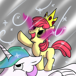 Size: 2000x2000 | Tagged: safe, artist:wolferahm, imported from derpibooru, apple bloom, princess celestia, pony, 30 minute art challenge, adventure time, apple bloom riding celestia, crossover, crown, dark magic, jewelry, magic, ponies riding ponies, regalia, riding, sombra eyes