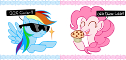 Size: 800x384 | Tagged: safe, artist:deyamiro, imported from derpibooru, pinkie pie, rainbow dash, 20% cooler, catchphrase, muffin, sunglasses