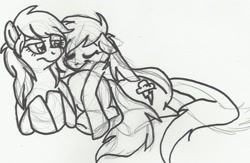 Size: 1306x853 | Tagged: dead source, safe, artist:enigmaticfrustration, imported from derpibooru, rainbow dash, spitfire, pegasus, pony, cuddling, eyes closed, female, lesbian, monochrome, shipping, snuggling, spitdash, traditional art