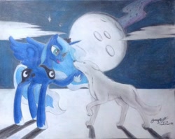 Size: 2078x1651 | Tagged: safe, artist:thewolfheart89, imported from derpibooru, princess luna, wolf, moon, traditional art