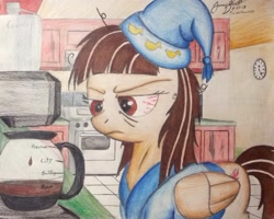 Size: 1934x1545 | Tagged: safe, artist:thewolfheart89, imported from derpibooru, wild fire, pegasus, pony, bloodshot eyes, coffee, coffee machine, female, hat, mare, morning ponies, nightcap, solo, tired, traditional art, unamused, wild fire is not amused