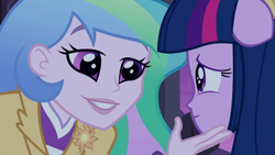 Size: 640x360 | Tagged: safe, imported from derpibooru, screencap, princess celestia, twilight sparkle, equestria girls, equestria girls (movie), brooch, cute, cutelestia, cutie mark accessory, cutie mark brooch, jewelry, momlestia fuel, out of context, ponied up, principal celestia, twiabetes