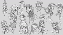 Size: 1280x720 | Tagged: safe, artist:ruffu, imported from derpibooru, fluttershy, pinkie pie, twilight sparkle, human, humanized, monochrome, sketch dump