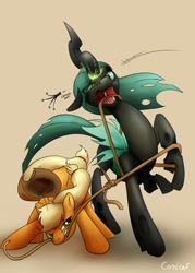 Size: 1148x1600 | Tagged: safe, artist:conicer, imported from derpibooru, applejack, queen chrysalis, changeling, changeling queen, earth pony, pony, bondage, crown, duo, female, fight, jewelry, lasso, mouth hold, regalia, rope