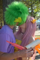 Size: 640x960 | Tagged: safe, artist:bakakawaicosplay0o0, imported from derpibooru, fluttershy, spike, human, cosplay, female, flutterspike, irl, irl human, letter, male, photo, quill, rimini comix, shipping, straight