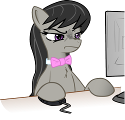 Size: 1073x1032 | Tagged: safe, artist:haetran, artist:reiduran, imported from derpibooru, octavia melody, pony, bowtie, chest fluff, computer, female, hoof hold, mousepad, octavia is not amused, reaction image, simple background, solo, transparent background, unamused, vector