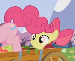 Size: 458x374 | Tagged: safe, imported from derpibooru, screencap, apple bloom, pinkie pie, pony, too many pinkie pies, apple, cropped, eyes on the prize, food, looking at butt, out of context